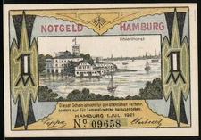Notgeld Hamburg 1921, 1 Mark, Uhlenhorst und Hamburger Bürgermilitär Jäger 