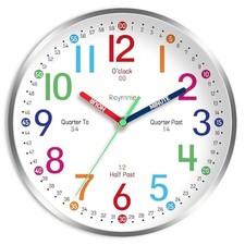 Wall Clock for Kids Learning to Tell Time Easily Non Ticking 12 Inch Silver