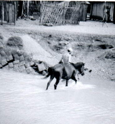 Okinawa 1953 Man & Horse Crossing Stream After Washing His Horse Village Scene