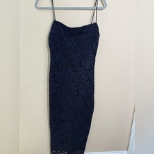 Zara Dress dark navy Blue lace Midi Spaghetti Strap wedding guest Size Small