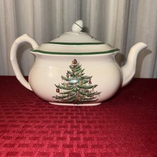 Spode Christmas Tree Teapot England Green Trim Vintage Holiday China