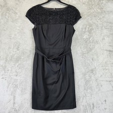 Jones New York Dress Womens 10 Black Lace Yoke Sheath Belted Cap Sleeve Cocktail