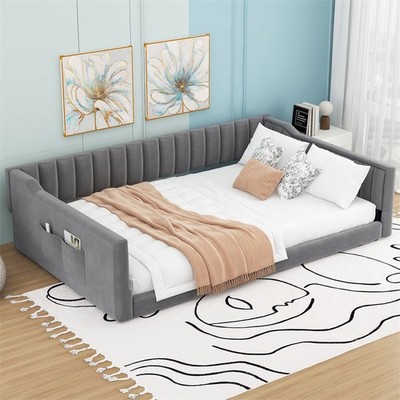 Full XL Size Upholstery Daybed w/Side Storage Pocket Modern Velvet Sofe Bed Gray