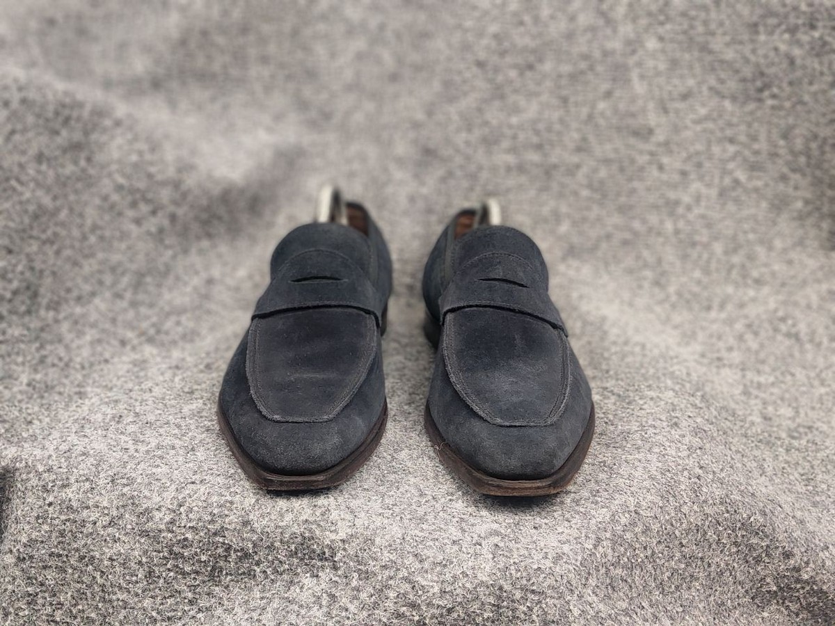 George Cleverley for Thom Sweeney Navy Suede Penny Loafers with Apron Stitching The Butterfly loafer. Shown here for the first time in  main image 4