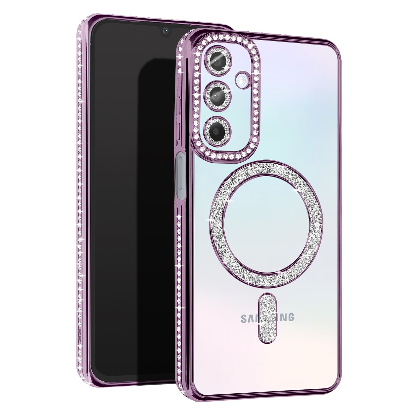 Coque diamant pour Galaxy A15 en silicone premium violet avec finitions strass de luxe
