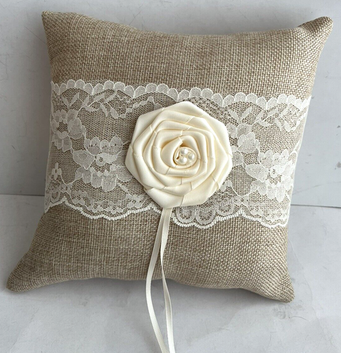 Rustic Country Burlap and Ivory Rose Wedding Ring Bearer Pillow