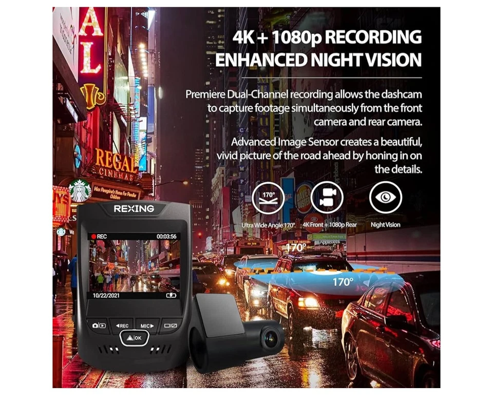 4K Dual Channel Car Dash Cam 2160p +1080p w/Built-in GPS Wi-Fi 2.4” LCD REXING - Image 3 of 4