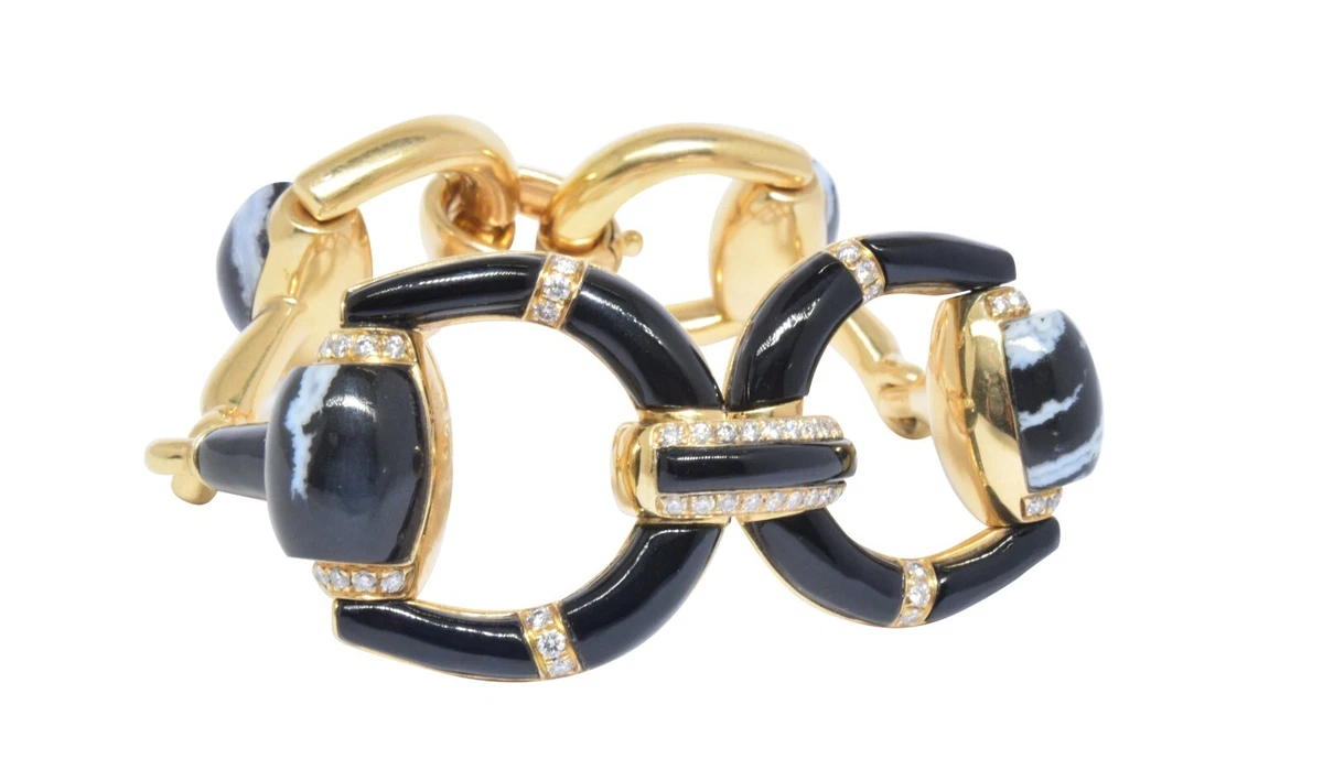 Gucci 1 Horsebit Diamond Agate Onyx 1ct Diamond 18K Yellow Gold 7.5 Bracelet