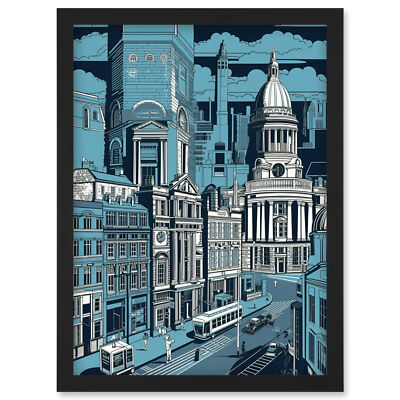 Belfast Stadtbild Stadtzentrum Halle Linolschnitt Stil gerahmtes Kunst Bild Druck A4