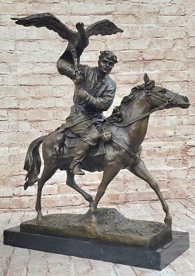 Signed  E. Nahcepe Sculpture of Man Riding Horse with His Eagle Falcon