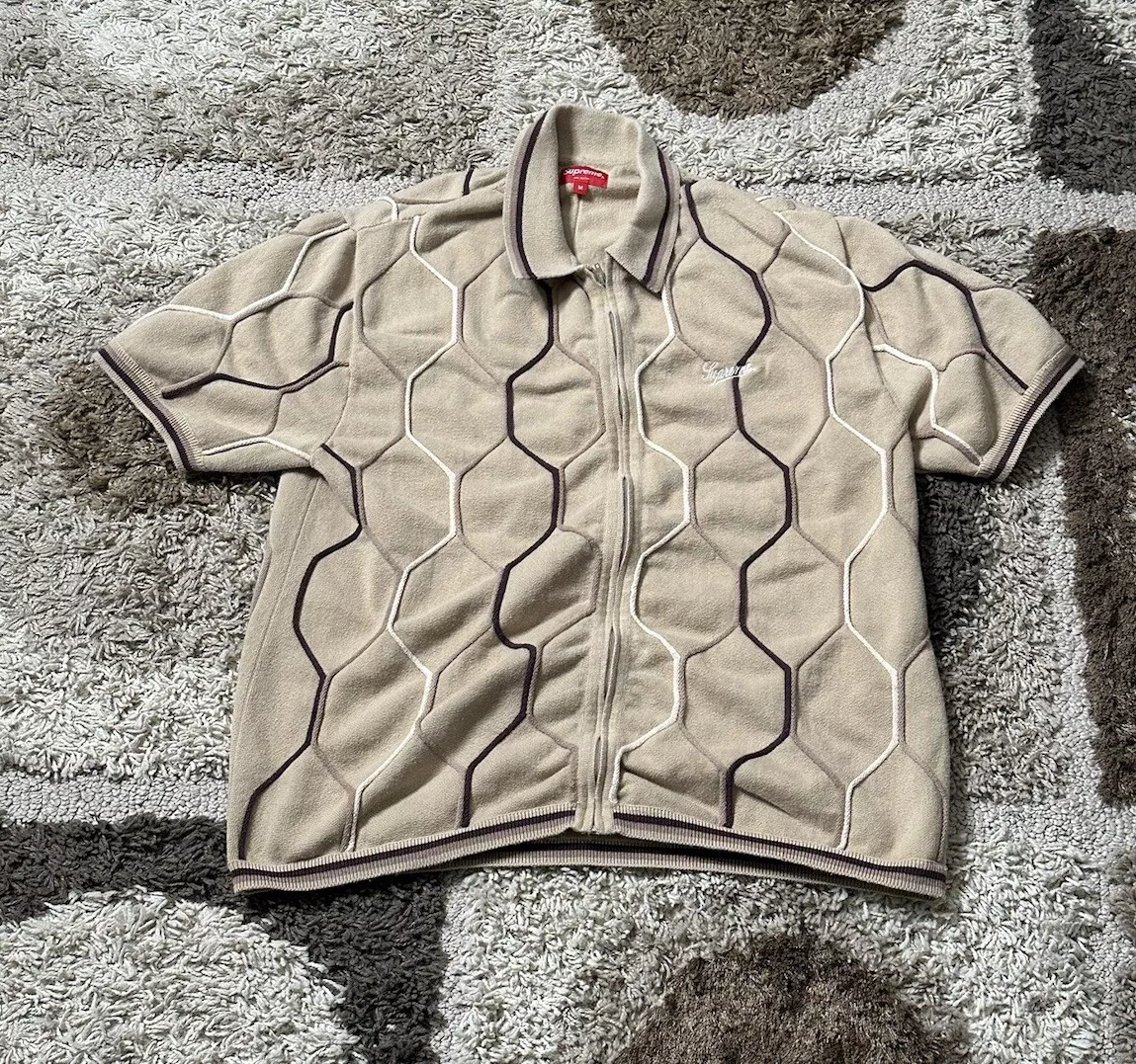 Polo homme Supreme tricot hexagonal zippé manches courtes taille M kaki marron tan