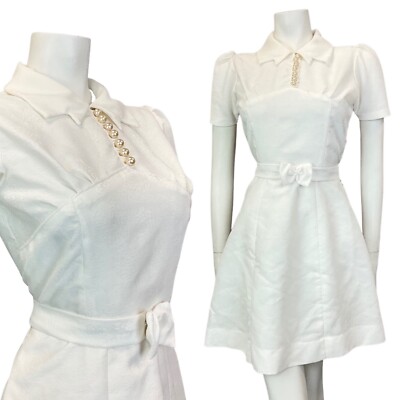 VINTAGE 60s 70s BRIGHT WHITE FLORAL BELTED MOD SHIRT SHORT DRESS