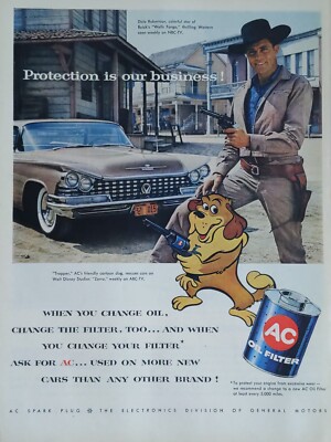 1958 vintage AC oil filter print ad. Protection is our business