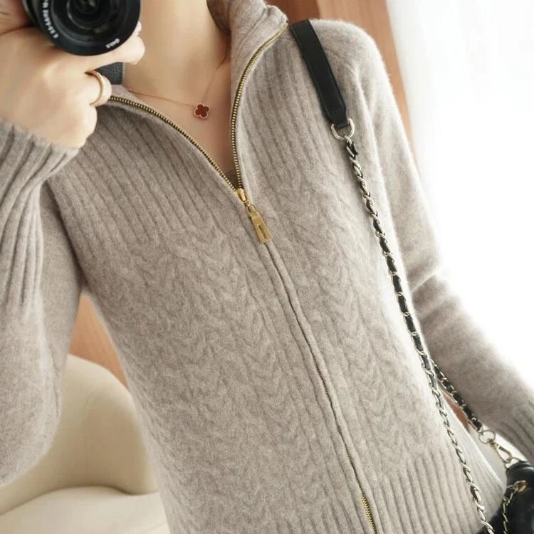 Women's Turtleneck Zipper Cashmere Knitted Cardigan Slouchy Loose Jumper Sweater - Image 3 of 4