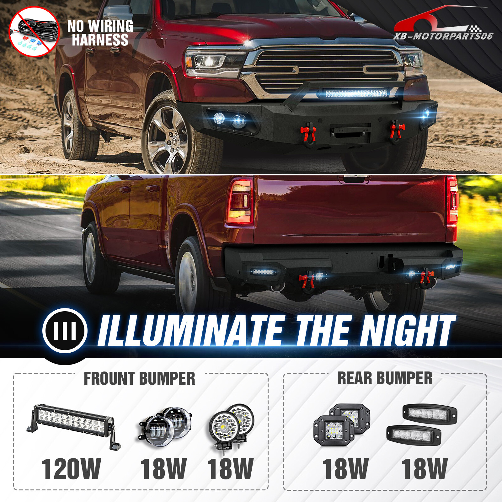 W/ Sensor Holes Front /Rear Bumper For 2019-2024 Dodge Ram 1500 (Not For Classic