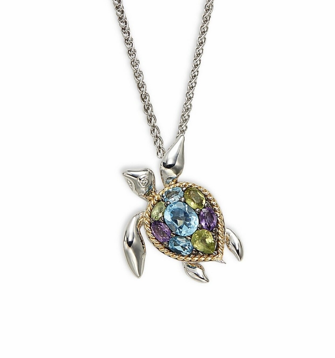 EFFY 18K Yellow Gold, Sterling Silver, Multi Stone TURTLE Pendant Necklace  SALE