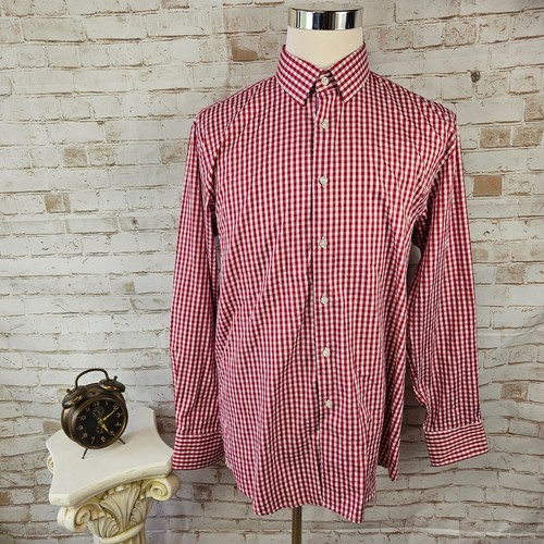 Berlioni Mens Size 17-17.5 36/37 Red Gingham Check Comfort Fit Button Up Shirt - Picture 2 of 12