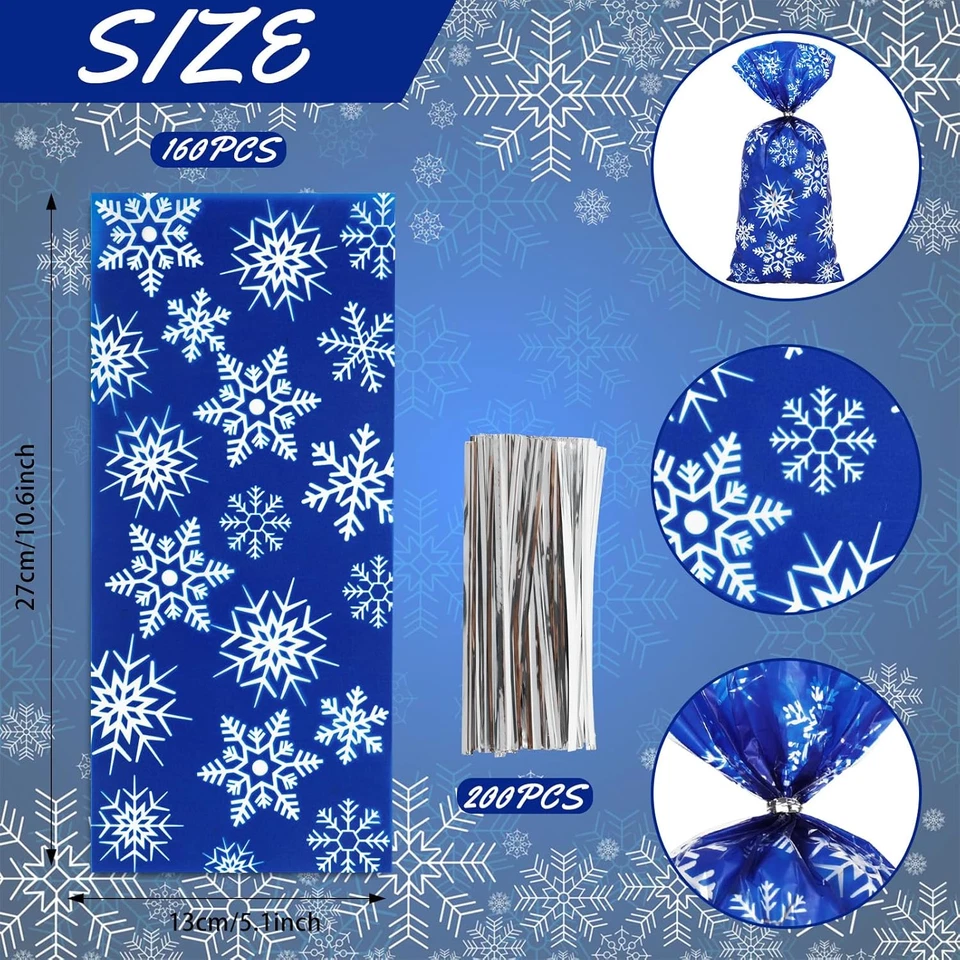 160 Piezas Bolsas de Celofán de Navidad con Corbata Gif de Fiesta de Copo de Nieve de Invierno Foto 2 de 4