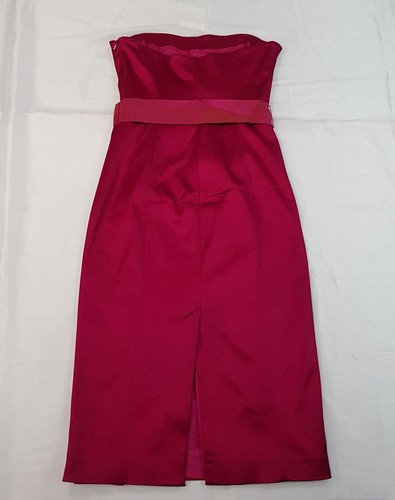 COAST SIZE 8-10UK WOMENS ROSE RED SATIN STRAPLESS MIDI PENCIL DRESS SILK BELT - Picture 4 of 21