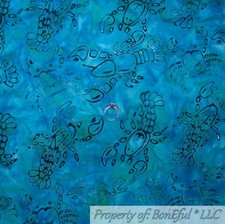 BonEful FABRIC FQ Cotton Quilt Aqua Blue Green BATIK Tone Water Sea Food Lobster