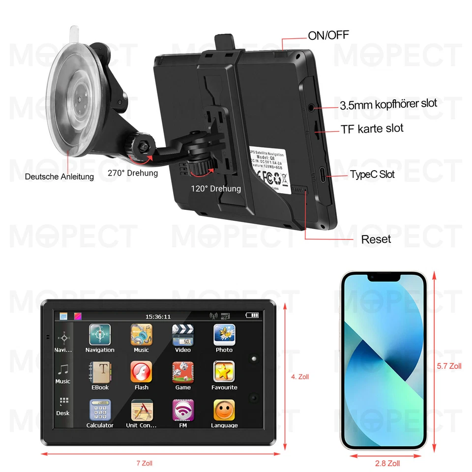 MOPECT Q8 7 Zoll GPS Navi Navigationsgerät für Auto LKW PKW DE EU Karte 8GB POIs - Bild 2 von 4