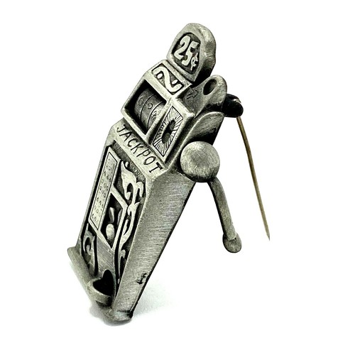 Vintage AJC Slot Machine Brooch Pewter Tone One Arm Bandit - Picture 2 of 9