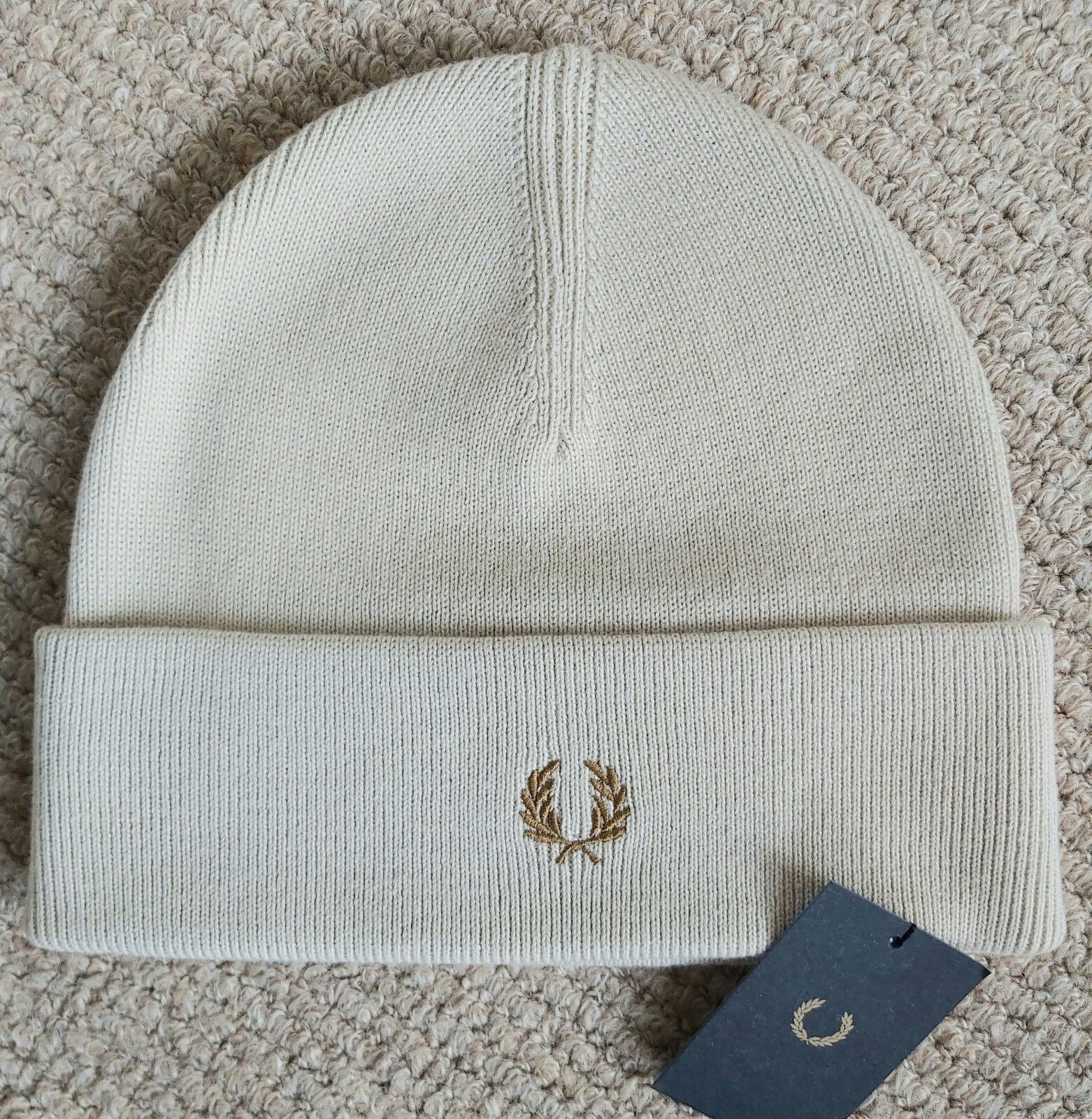 Genuine FRED PERRY Oatmeal / Caramel 52% Merino Wool Cuff BEANIE HAT Toque C9160