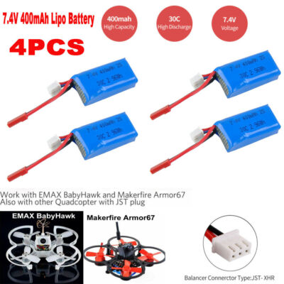 jjr c 3.7v 400mah 30c lipo battery 4x 400mAh 7.4V 30C 2S LiPo Battery w/ JST Plug for Micro FPV RC Drone  Quadcopter