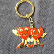 Red Heart Couple Metal Keychain w/ Detachable Keyring Red Gold Black White