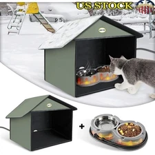 Outdoor Heated Cat Feeding Station W/ Double Bowls Anti Freeze Design Feral Cats