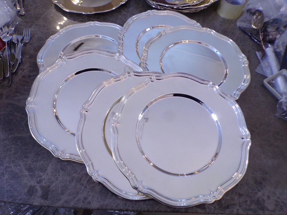 WMF Satz 6 große schwere Platzteller rund 33 cm barockes Dekor versilbert TOP !