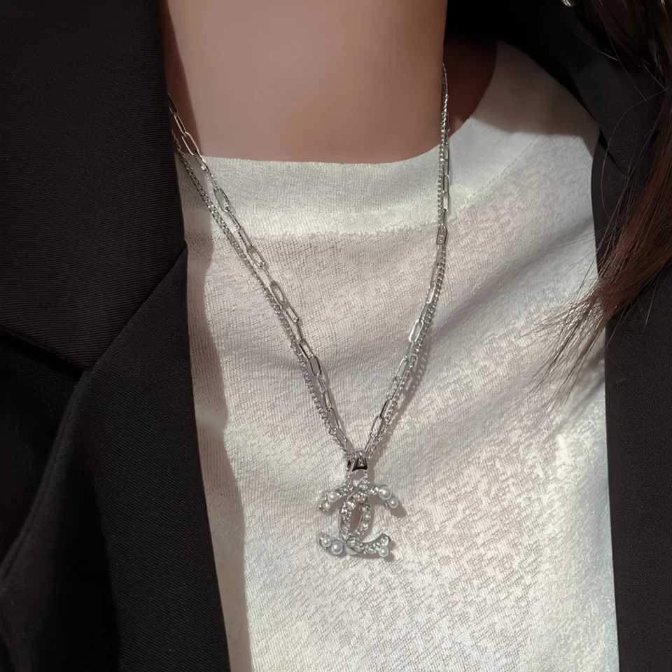 Channel Design Doppel-Kette Perlen & Zirkonia, 47+5 cm, Layered Necklace - Bild 4 von 4