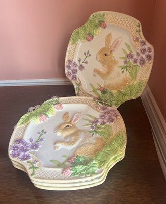 Valerie 3D Spring Bunny Handpainted Embossed Luncheon Plates Set of 4