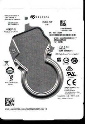 ST1000LM035 P/N: 1RK172-568 F/W: SBM3 S/N: WDE6 WU 1TB FEB 2017 CHINA SEAGATE
