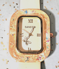 SANEESI BUTTERFLY ON DIAL BAKELITE GLITTER BEZEL BEIGE FAUX LEATHER BAND NO BOX