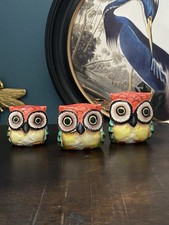 Folk Vintage Wooden Carved Painted Owls Set Of 3 - Ornaments