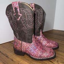 Roper Boots Girls Size 10 Pink Glitter Brown Western Square Toe Pull On Cowgirl