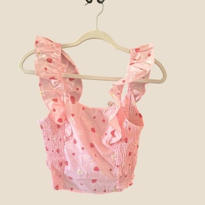 No Frills Los Angeles Coquette Pink Strawberry Ruffle Smocked Crop Top Medium