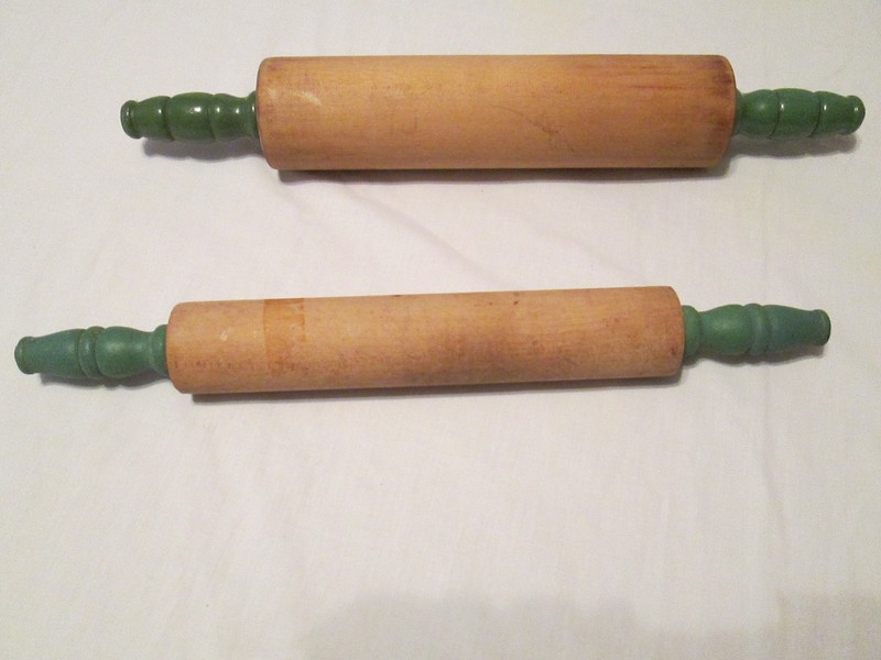 2 Vintage Wood Rolling Pins w/ Green Handles - 10" & 9" - Country Charm