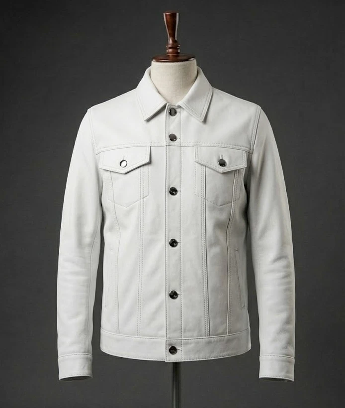 Men’s White Leather Jacket Vintage Trucker Style Genuine Leather Jacket Classic