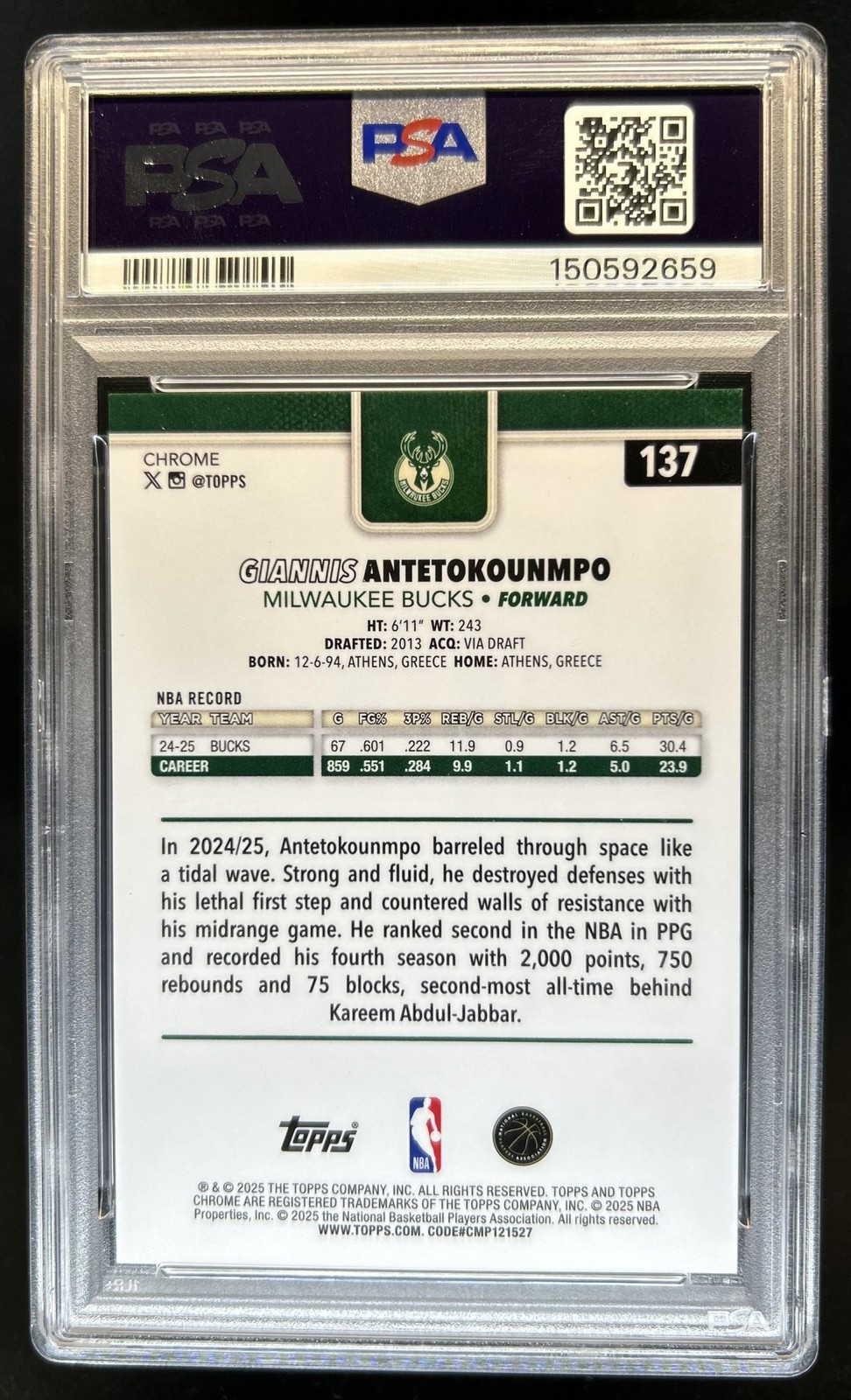 2025-26 Topps Chrome Giannis Antetokounmpo Orange Wave Refractor #/25 PSA 9 view 2