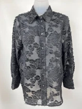 H&M Blouse Top Womens Small Black Button Up Long Sleeve Fuzzy Floral Collared