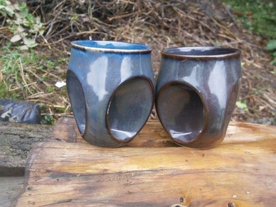 2x VINTAGE RETRO 70er HOLKHAM KUNSTKERAMIK EULE DESIGN TASSEN GRAU BLAU CORRIGAN