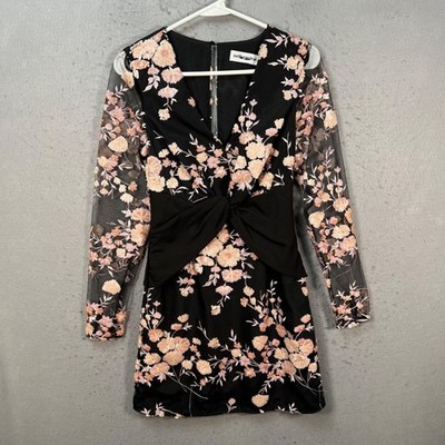 Self-Portrait Floral Embroidered Mini Dress w/ Sheer Long Sleeves & Bow Detail