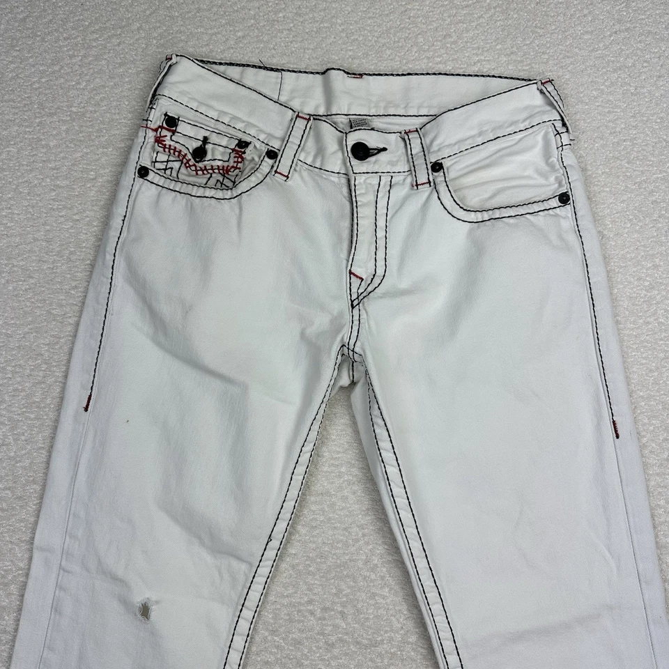 True Religion Straight Jeans Mens Size 32x34 White Thick Stitch Embroidered Flap - Image 3 of 4