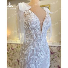 Full Lace Mermaid Wedding Dresses Deep V Neck Civil Appliques Bow Bridal Gown
