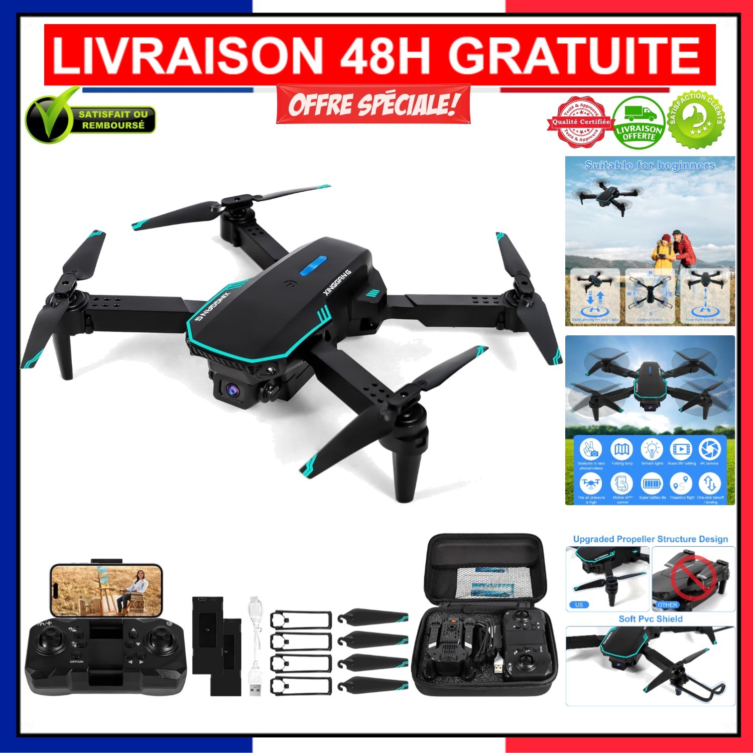 Drone HD 720P télécommande - Mini drone enfant sécurisé avec caméra grand angle