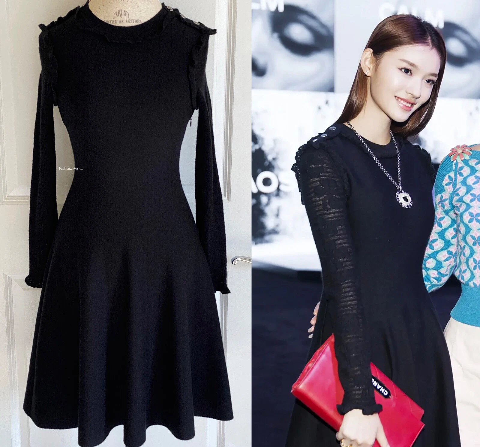 $3950 ABITO CHANEL 16A NERO ADERENTE E SVASATO CASHMERE SETA VOLANT PIZZO 34