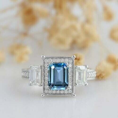 Emerald Cut Simulated Blue Topaz Wedding Ring in 14K White Gold  