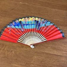 Vintage Wooden  Canvas Hand Fans Fold Up 1940-1950s Japan Red Blue